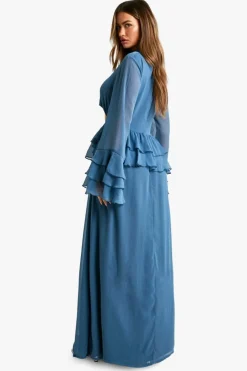 Smock Dresses|Maxi Dresses*boohoo Crinkle Chiffon Ruffle Flare Sleeve Maxi Dress slate blue