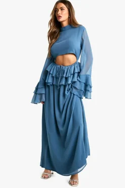Smock Dresses|Maxi Dresses*boohoo Crinkle Chiffon Ruffle Flare Sleeve Maxi Dress slate blue
