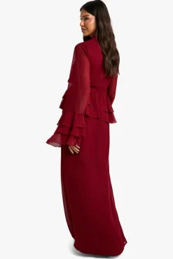 Smock Dresses|Maxi Dresses*boohoo Crinkle Chiffon Ruffle Flare Sleeve Maxi Dress burgundy