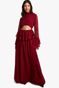 Smock Dresses|Maxi Dresses*boohoo Crinkle Chiffon Ruffle Flare Sleeve Maxi Dress burgundy