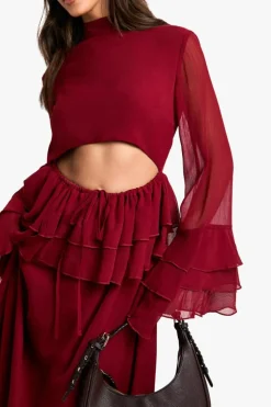 Smock Dresses|Maxi Dresses*boohoo Crinkle Chiffon Ruffle Flare Sleeve Maxi Dress burgundy
