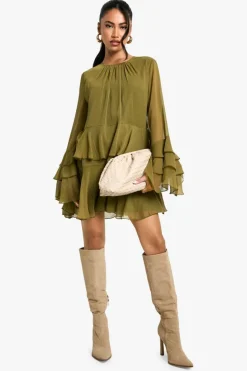 Smock Dresses*boohoo Crinkle Chiffon Ruffle Flare Sleeve Mini Dress olive