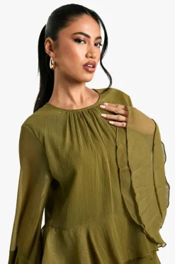 Smock Dresses*boohoo Crinkle Chiffon Ruffle Flare Sleeve Mini Dress olive