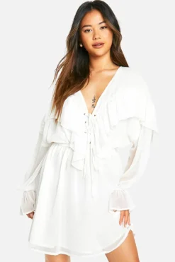 Skater Dresses*boohoo Crinkle Chiffon Ruffle Long Sleeve Mini Dress cream