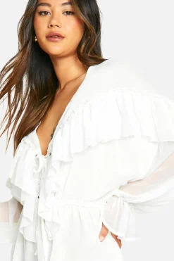 Skater Dresses*boohoo Crinkle Chiffon Ruffle Long Sleeve Mini Dress cream