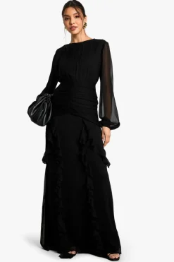 Maxi Dresses|Long Sleeve Dresses*boohoo Crinkle Chiffon Ruffle Maxi Dress black