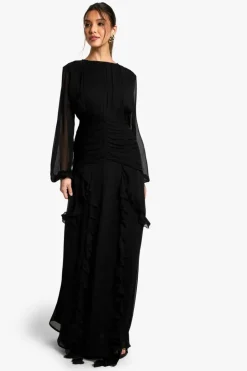 Maxi Dresses|Long Sleeve Dresses*boohoo Crinkle Chiffon Ruffle Maxi Dress black