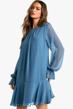 Smock Dresses*boohoo Crinkle Chiffon Ruffle Mini Dress slate blue