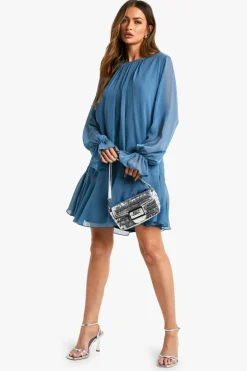Smock Dresses*boohoo Crinkle Chiffon Ruffle Mini Dress slate blue