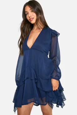 Smock Dresses*boohoo Crinkle Chiffon Ruffle Smock Dress navy