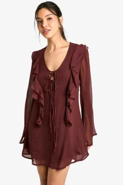 Mini Dresses*boohoo Crinkle Chiffon Ruffle Tie Front Mini Dress chocolate
