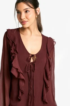 Mini Dresses*boohoo Crinkle Chiffon Ruffle Tie Front Mini Dress chocolate