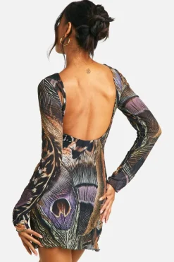 Skater Dresses*boohoo Crinkle Feather Printed Mesh Scoop Back Flare Sleeve Mini Dress multi