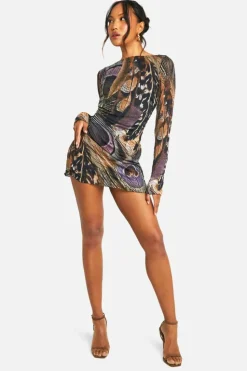 Skater Dresses*boohoo Crinkle Feather Printed Mesh Scoop Back Flare Sleeve Mini Dress multi