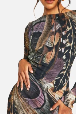 Skater Dresses*boohoo Crinkle Feather Printed Mesh Scoop Back Flare Sleeve Mini Dress multi
