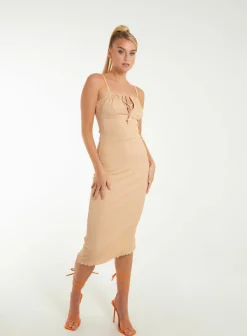 Midi Dresses*Pink Vanilla Crinkle Tie Midi Dress Camel