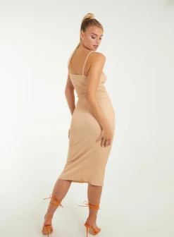 Midi Dresses*Pink Vanilla Crinkle Tie Midi Dress Camel