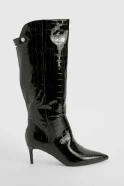 Over The Knee Boots|Knee High Boots*boohoo Croc Curved Stiletto Knee High Boots black