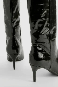 Over The Knee Boots|Knee High Boots*boohoo Croc Curved Stiletto Knee High Boots black