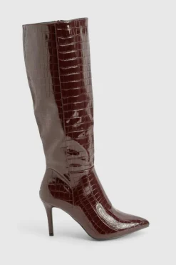 Over The Knee Boots|Knee High Boots*boohoo Croc Detail Knee High Stiletto Boot wine