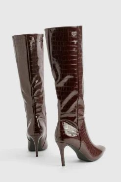 Over The Knee Boots|Knee High Boots*boohoo Croc Detail Knee High Stiletto Boot wine