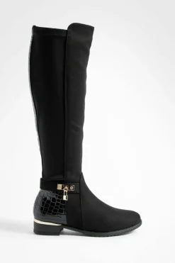Over The Knee Boots|Knee High Boots*boohoo Croc Flat Faux Suede Knee High Boots black