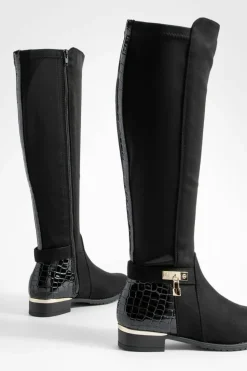Over The Knee Boots|Knee High Boots*boohoo Croc Flat Faux Suede Knee High Boots black