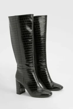 Over The Knee Boots|Knee High Boots*boohoo Croc Heeled Knee High Boot black