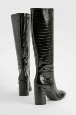 Over The Knee Boots|Knee High Boots*boohoo Croc Heeled Knee High Boot black