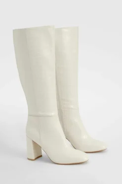 Over The Knee Boots|Knee High Boots*boohoo Croc Heeled Knee High Boot white