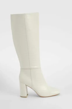 Over The Knee Boots|Knee High Boots*boohoo Croc Heeled Knee High Boot white