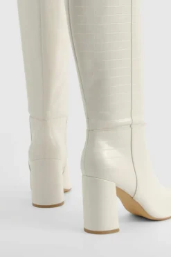 Over The Knee Boots|Knee High Boots*boohoo Croc Heeled Knee High Boot white