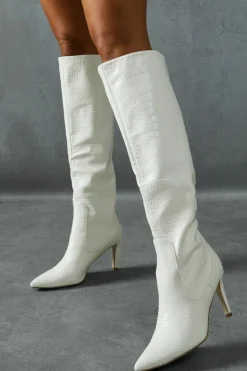 Knee High Boots*MissPap Croc Leather Look Knee High Pointed Boots white