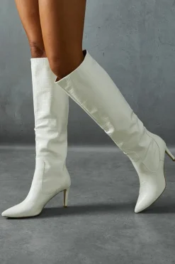 Knee High Boots*MissPap Croc Leather Look Knee High Pointed Boots white