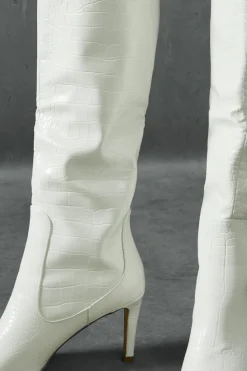 Knee High Boots*MissPap Croc Leather Look Knee High Pointed Boots white