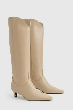 Over The Knee Boots|Knee High Boots*boohoo Croc Low Heel Knee High Boots nude