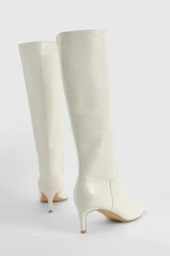 Over The Knee Boots|Knee High Boots*boohoo Croc Low Heel Pointed Knee High Boots cream