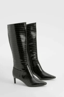 Over The Knee Boots|Knee High Boots*boohoo Croc Low Heel Pointed Knee High Boots black