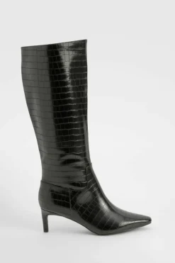 Over The Knee Boots|Knee High Boots*boohoo Croc Low Heel Pointed Knee High Boots black