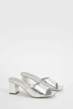 Sandals|Heels*boohoo Croc Metallic Low Block Heeled Mule silver