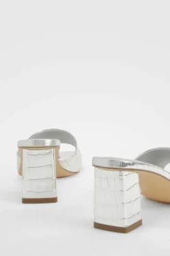 Sandals|Heels*boohoo Croc Metallic Low Block Heeled Mule silver