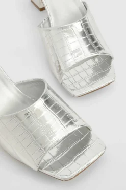 Sandals|Heels*boohoo Croc Metallic Low Block Heeled Mule silver