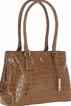 Shoulder Bags*Ashwood Leather Croc Print Real Leather Two Section With Mid Purse Bag Tan