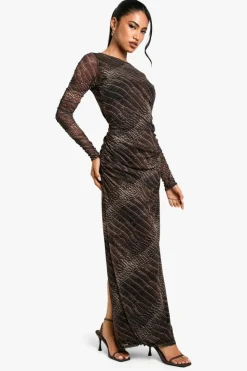 Maxi Dresses|Long Sleeve Dresses*boohoo Croc Print Ruched Maxi Dress brown