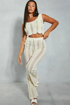 Knitted Tops*MissPap Crochet Knit Scoop Neck Scallop Hem Top ivory