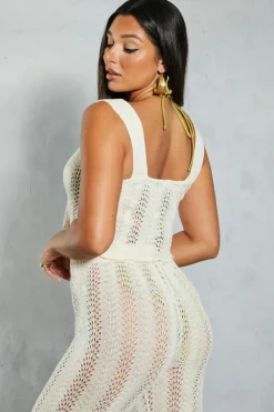 Knitted Tops*MissPap Crochet Knit Scoop Neck Scallop Hem Top ivory