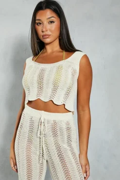 Knitted Tops*MissPap Crochet Knit Scoop Neck Scallop Hem Top ivory