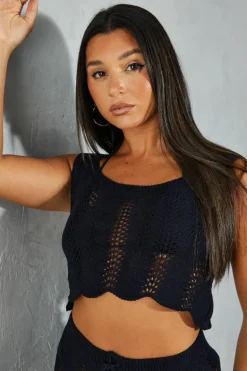 Knitted Tops*MissPap Crochet Knit Scoop Neck Scallop Hem Top navy
