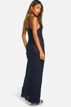 Jumper Dresses|Jumper Dresses*boohoo Crochet Ladder Cowl Neck Knitted Maxi Dress navy