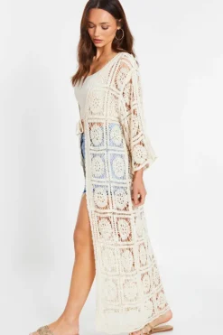 Cardigans*Quiz Crochet Maxi Cardigan Stone